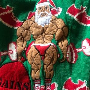 Santa Holiday gains workout dumbbells Christmas sweater Mens Sz large
